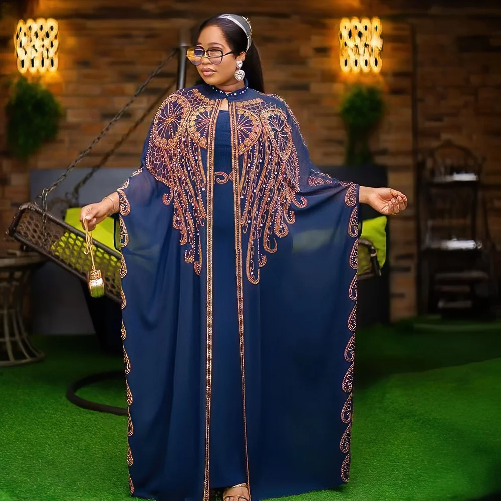 extravagant africa clothing long dresses women Luxury rhinestone dress two-piece african dresses