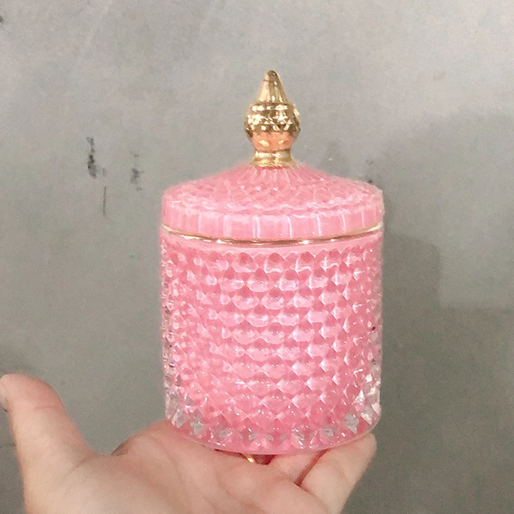 Clear Wide Dome Candle Holder Handmade Cutting Glass Luxury Matte Frost Candle Jar With Lid