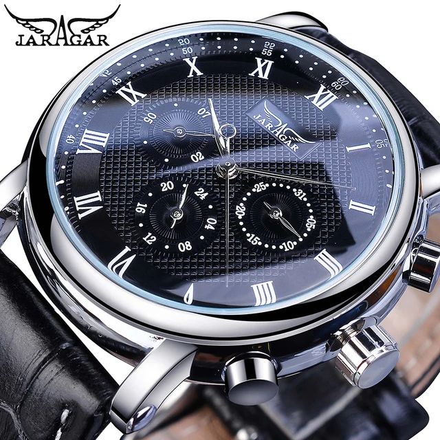 Jaragar Men Fashion Black Mechanical Watches Automatic 6 Hands Analog Calendar Genuine Leather Band Business Dress Montre Homme