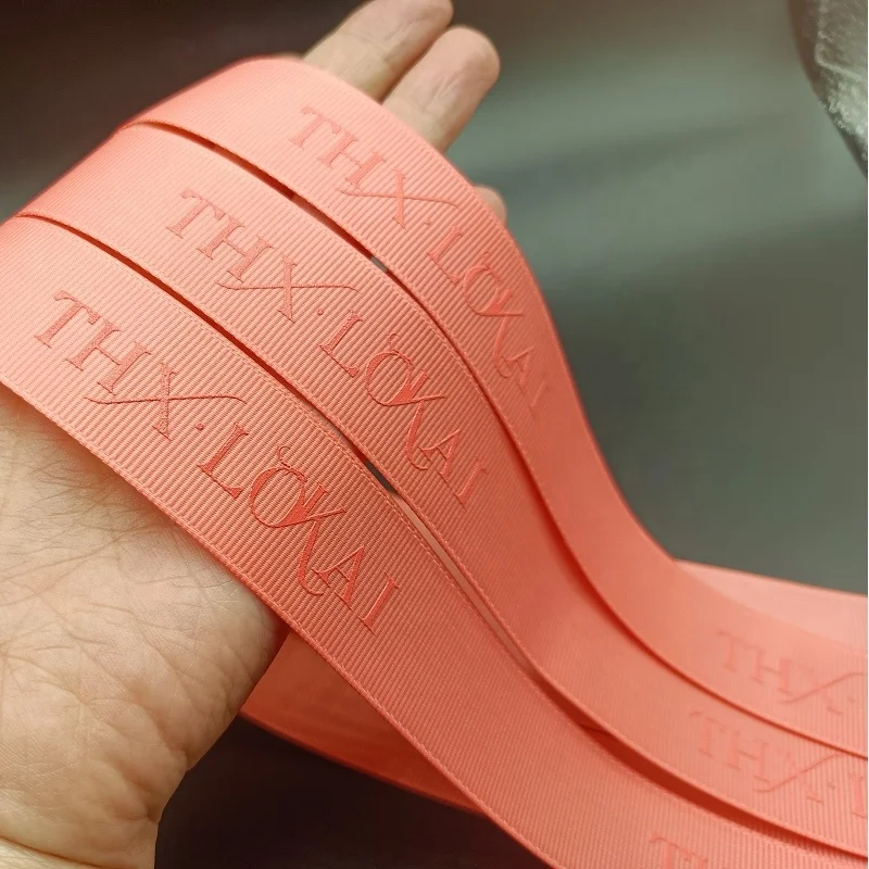 Custom Luxury 3d Raised Embossed 1 Inch Black Double Face Grosgrain Logo Customized Printed Satin Ribbon