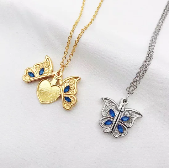 New female butterfly I Love You Love album box blue rhinestone pendant necklace
