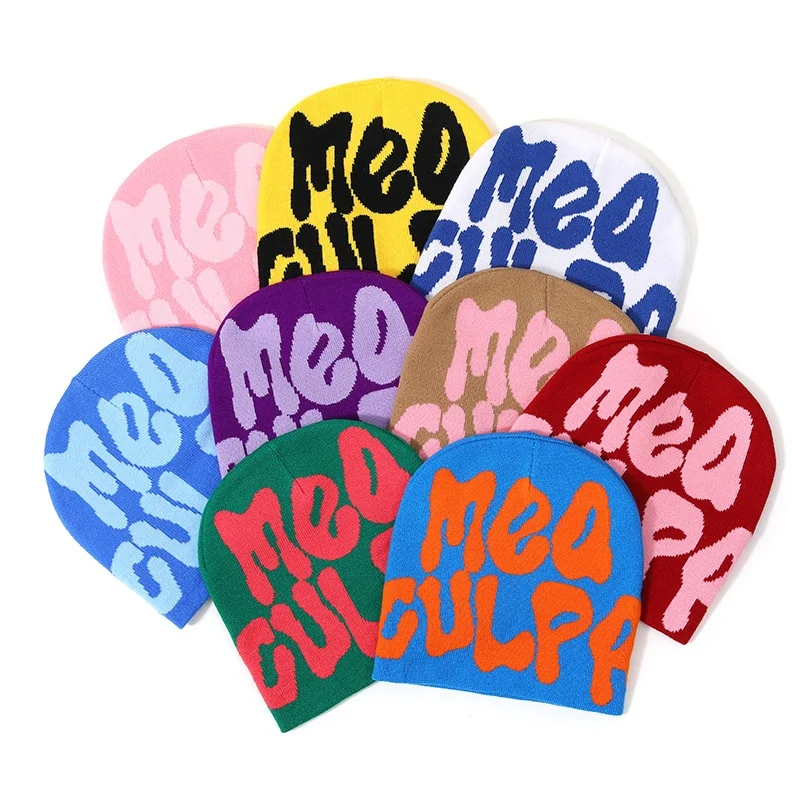 Letter Jacquard Beanie Hat Winter Knitted Fashionable Unisex Cold Cap High Quality handmade custom street wear windproof hat