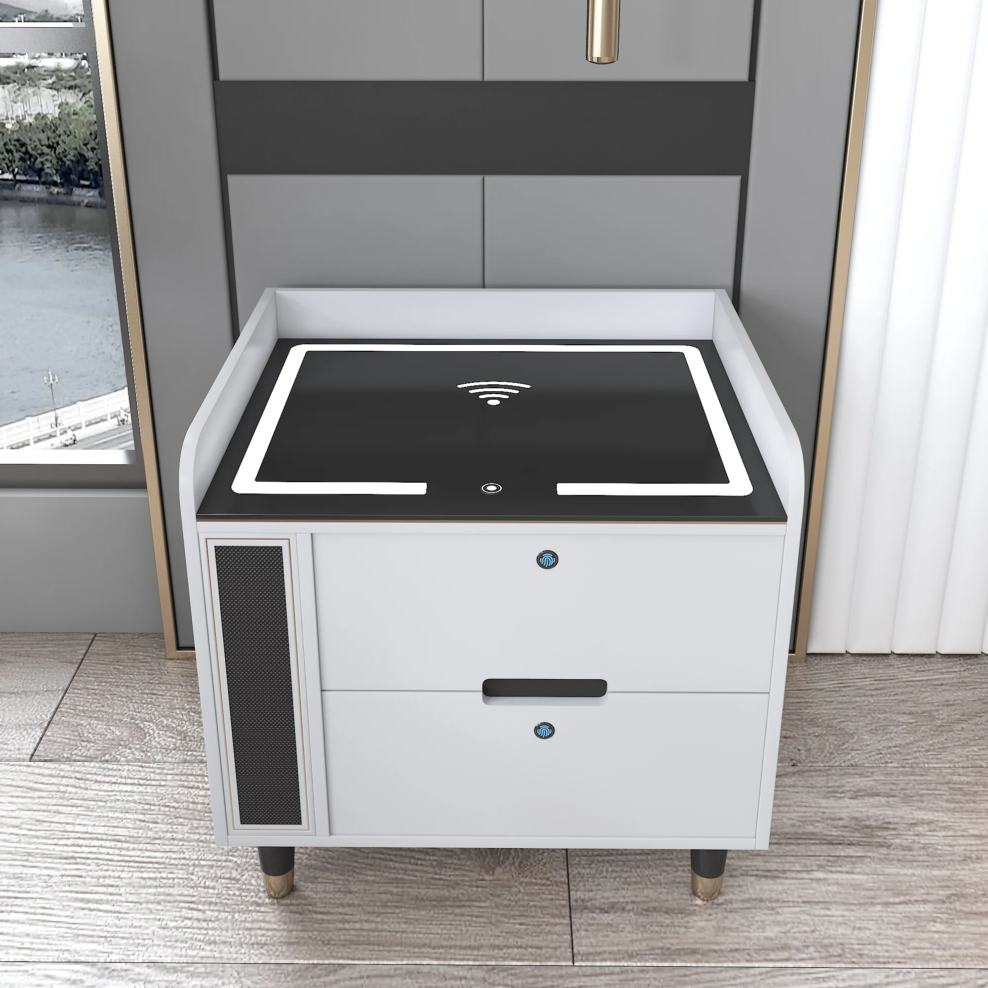 Simple Modern Fingerprint Lock Storage Bedside Table Smart Bedside Table with Wireless USB Charging