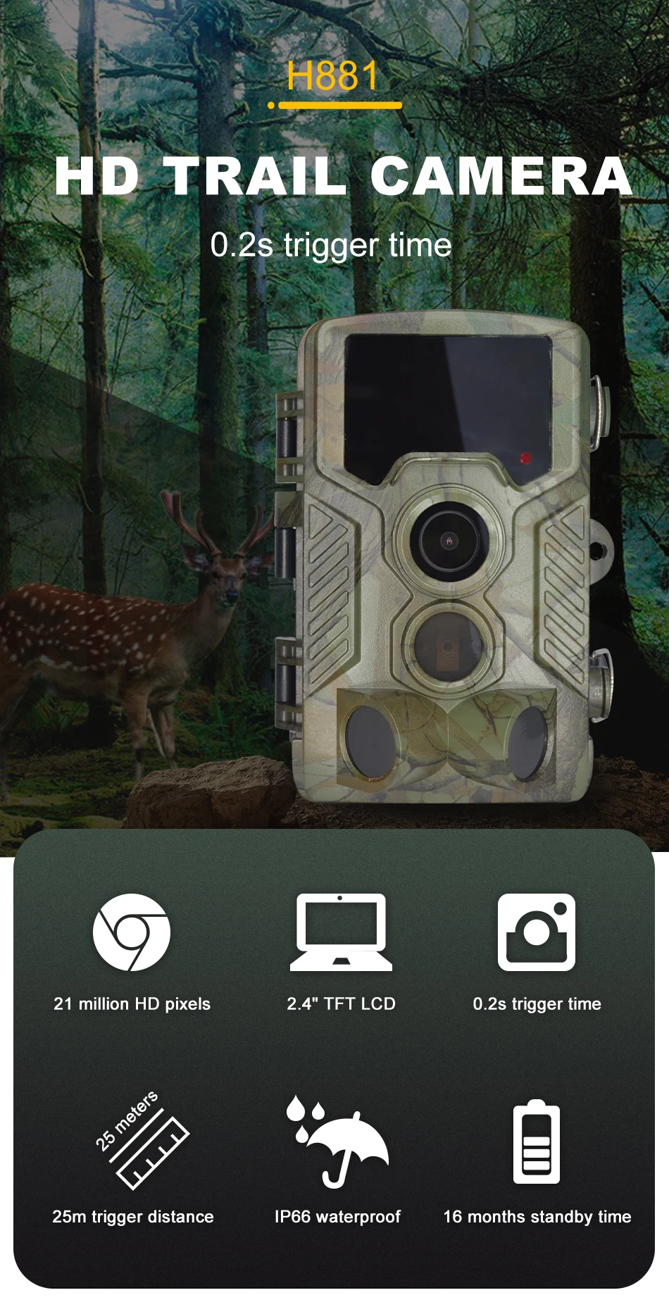 H881 trailcamera wildkamera univision Охотничья камера безопасности внутренняя беспроводная водонепроницаемая IP66 HD 21MP CMOS