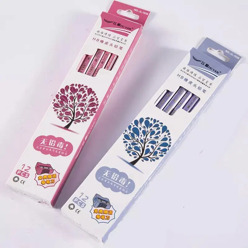 Wood Pencil Custom Logo Art Writing HB 2B Black Cheap Set School student Office striped pencil set with sharpener