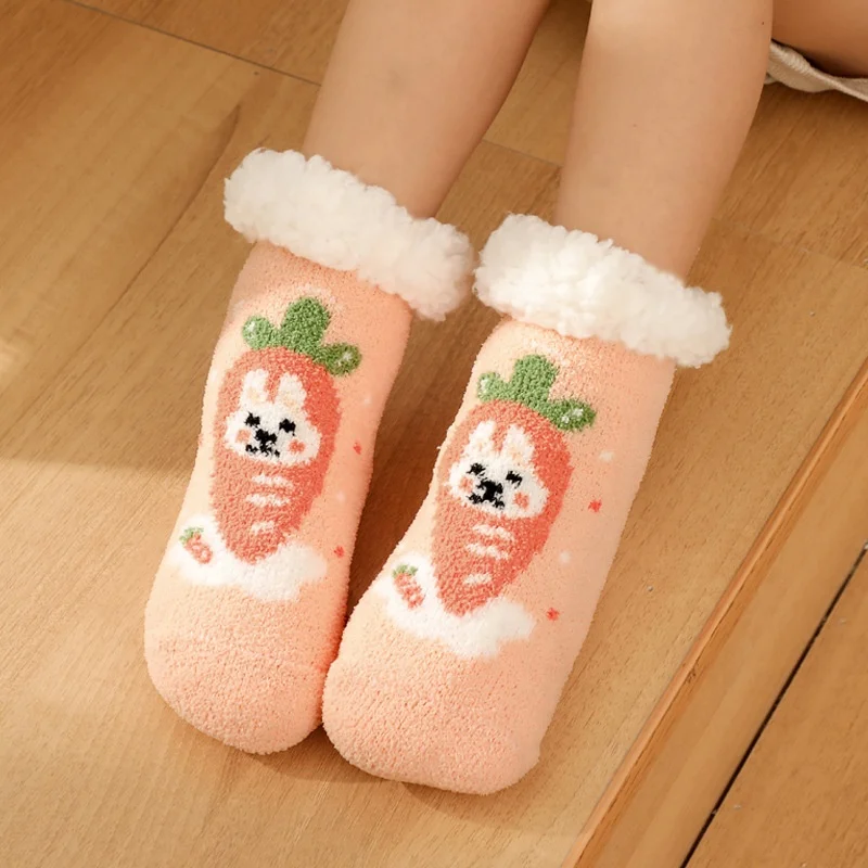 toddler kids children cute animal Winter knitted Warm fleece sherpa lining long Slipper Sock With Grips