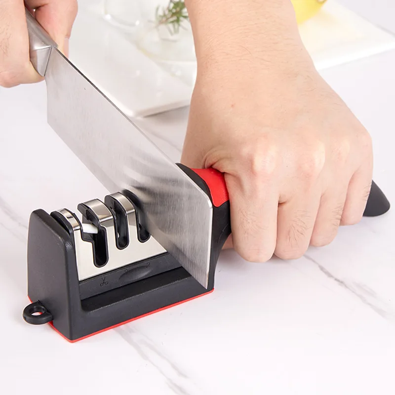 Kitchen Knife Sharpener - Professional 3 Stage Manual Sharpeners - Ergonomic Handle and Non-slip Base - Safe Sharpening Tool