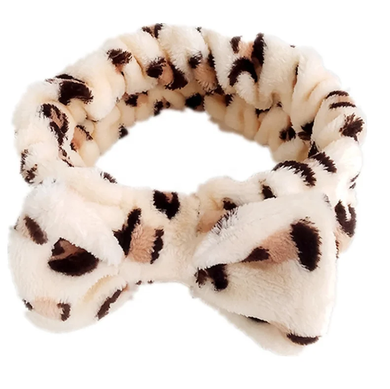 Spa Leopard Shower Headband Coral Fleece Facial Makeup Turban Bowknot Bow Cosmetic Headband for Washing Face Bow Hairbands