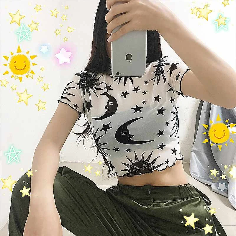 
New Hot Sale Sexy Women Sheer Mesh Cupid Tee Sun Moon Print Short Sleeve Slim Crop Tops Crow Neck Transparent tee Top 