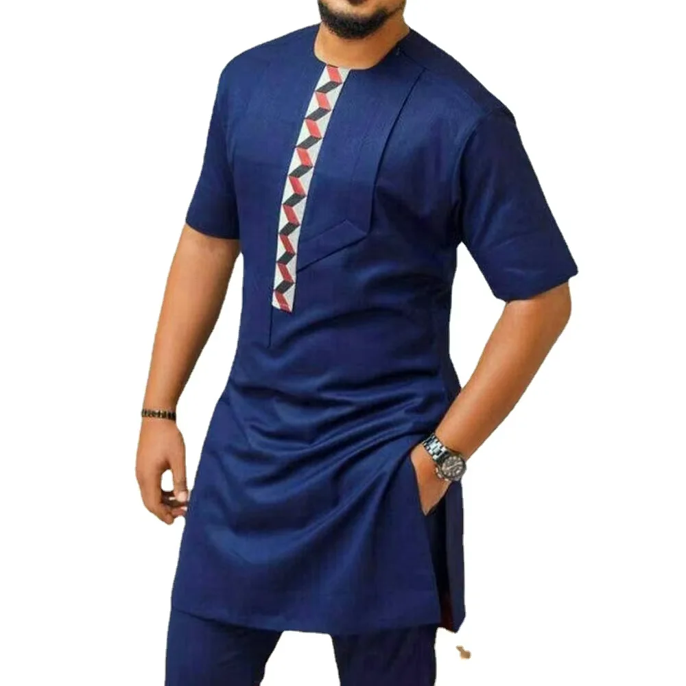 Custom Blue Dashiki Square Neck Thobe Short Sleeve 2-Piece Set for Men Traditional African Ethnic Muslim Clothing