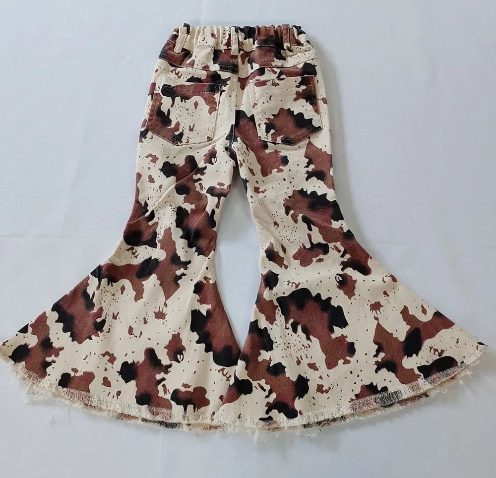 Wholesale New Baby Girls Distressed Cow Print Flared Jeans Kids Cowhide Printed Bell Bottoms Pants