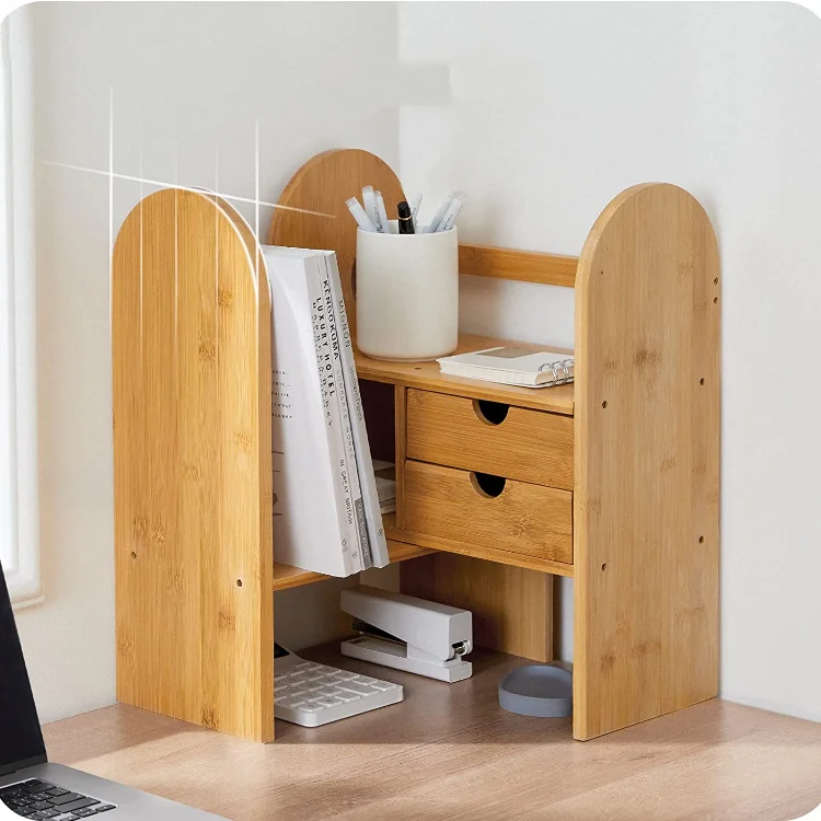 Wholesale desktop organizer home office decor adjustable bamboo book shelf