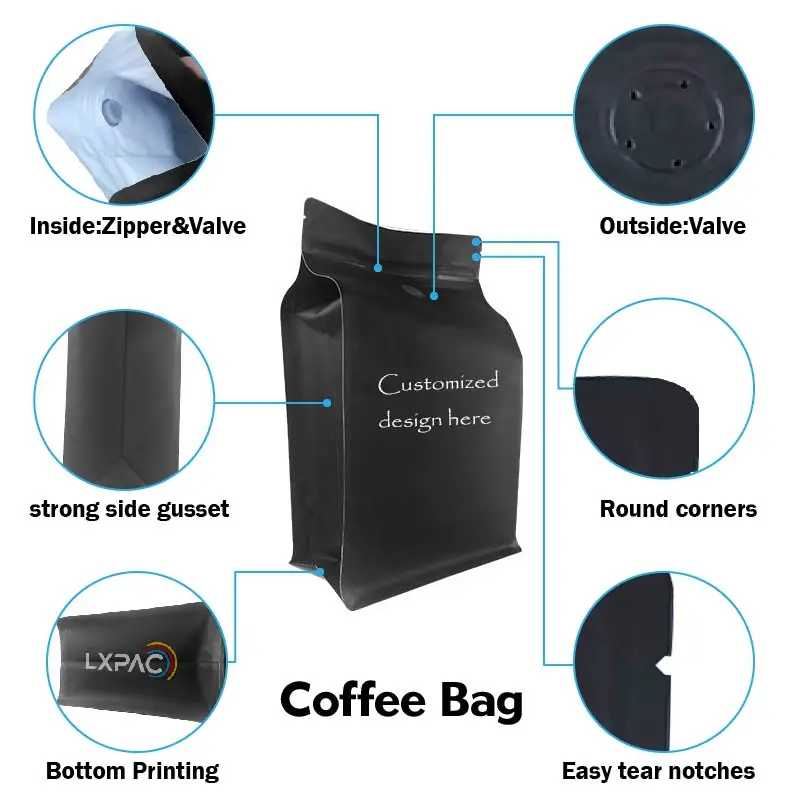 Free Sample Resealable 1kg 500g 250g Matt flat bottom bags coffee pouch packaging with zipper and valve