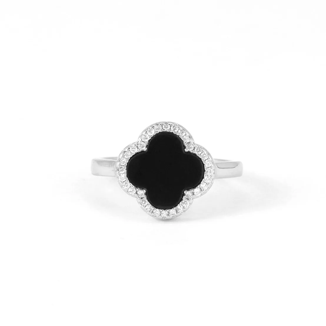 Elegant 925 sterling silver green agate black white shell finger four leaf clover ring for women