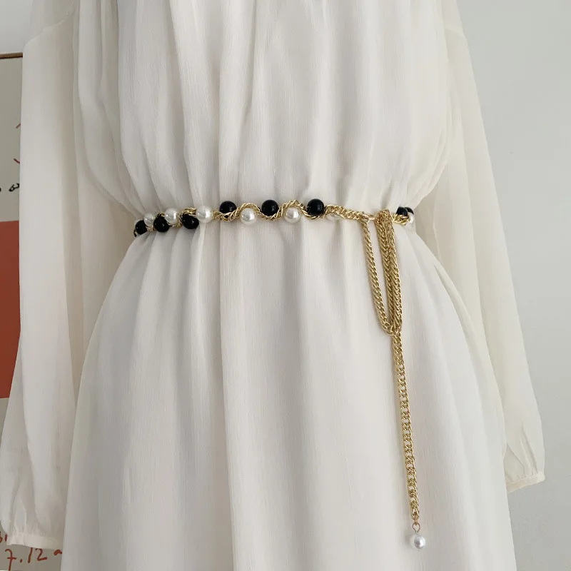 Adjustable Women Girls Pearl Beads Metal Waist Chain Belt Fashion Belly Jewelry for Ladies Dresses