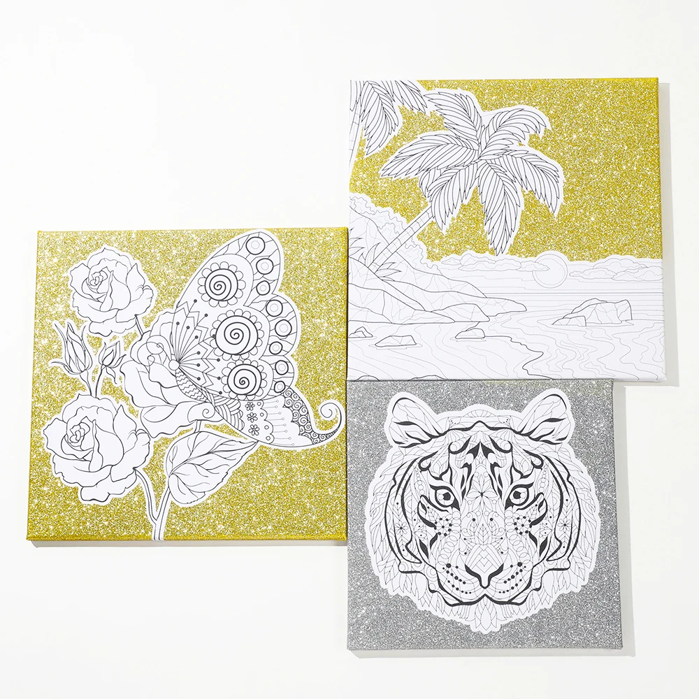 New design DIY glitter silver tiger white pure cotton head painting canvas frame