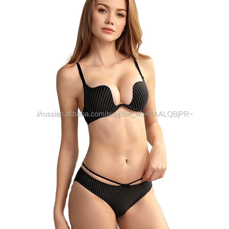 Deep U-Shaped Female Bralette Lingerie Push Up Seamless Striped Bra And Panty Set Custom Cotton Women Ladies Sexy Underwear Sets