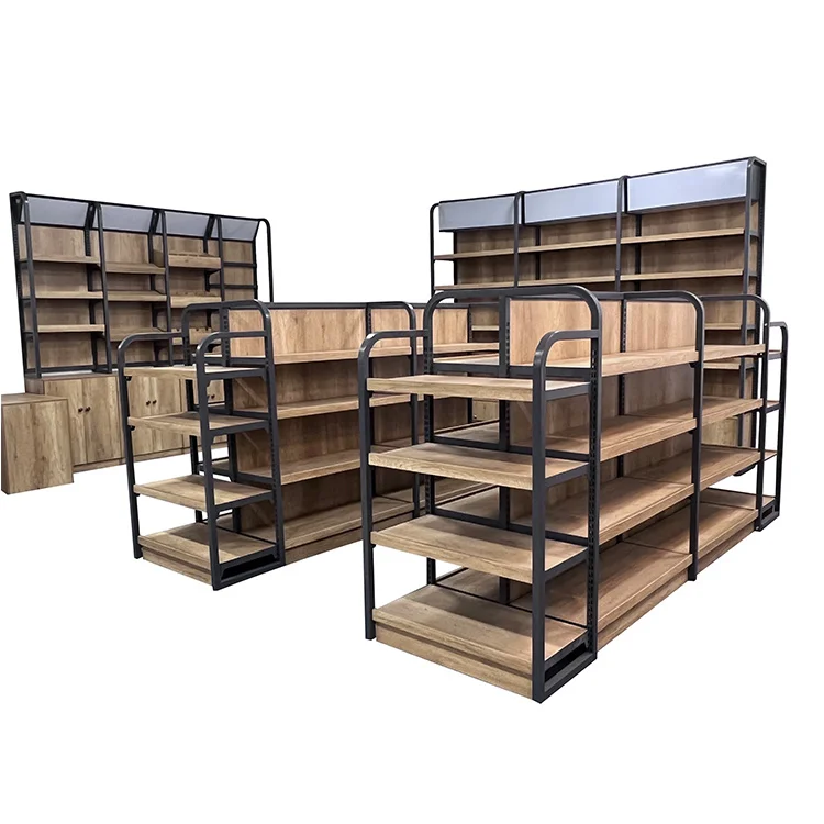 Factory Custom Wooden Double Sided Retail Store Supermarket Gondola Display Shelves Racks