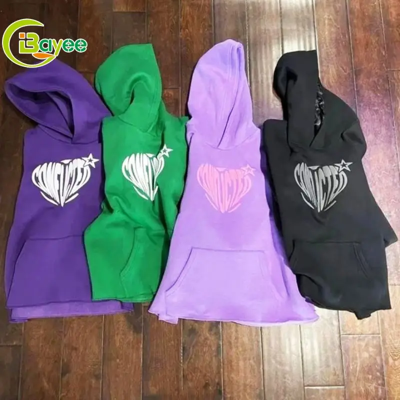 Oem Manufacturer Street Wear Cut Edge Raw Hem Crop Top Pullover No Stings Cropped Hoodie Men Custom Logo 3D Puff Print Hoodies