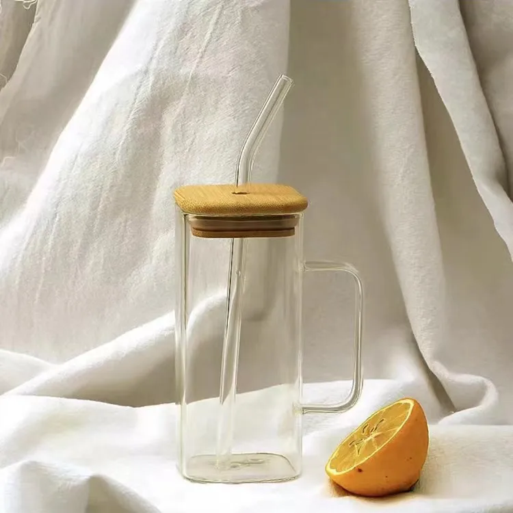 Hot Selling Square Clear Blank Glass Mugs With Lid and Straw Colorful Handle Cup for Coffee Ice Water
