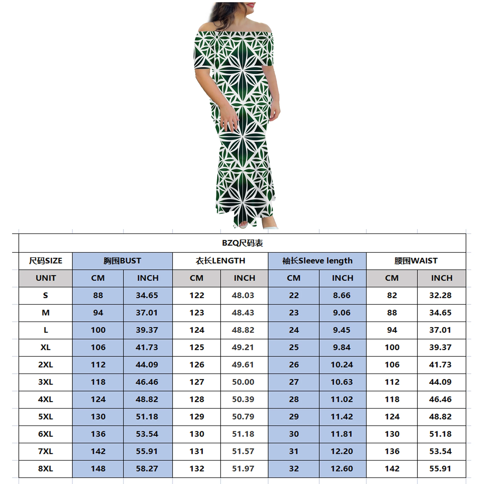 2022 New Design Custom Pacific Island Art Trumpet Mermaid Dress Polynesian Short Sleeve Fishtail Dress Plus Size Womens Dresses