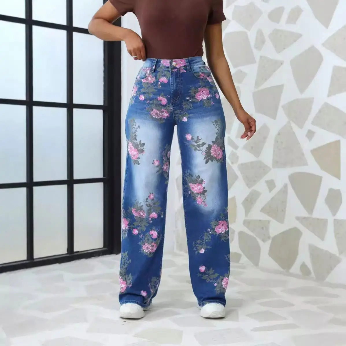 2024 HO Trendy Printed Plus Size Wide Leg Pants Jeans