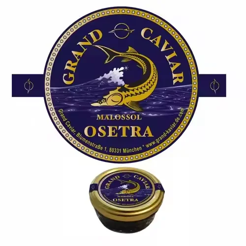 Custom Premium Aluminum Waterproof Frozen Caviar Tin Sticker, 3D Embossed Gold Foil Caviar Label.