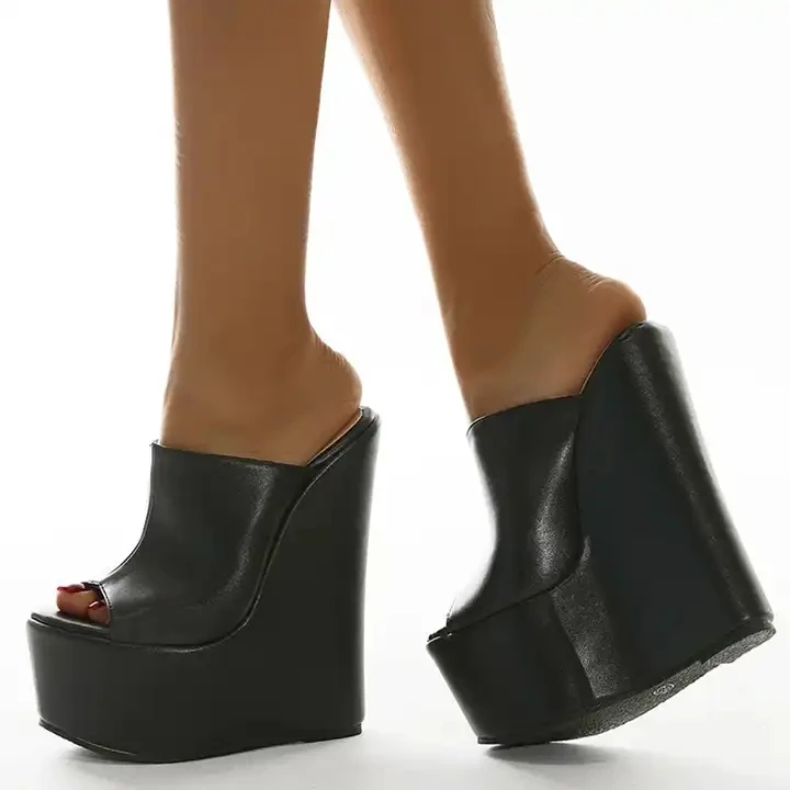 2024 New high-quality Sexy 17CM Super High PU Mules Peep Toe Slippers Black Summer Woman Shoes platform wedge sandals