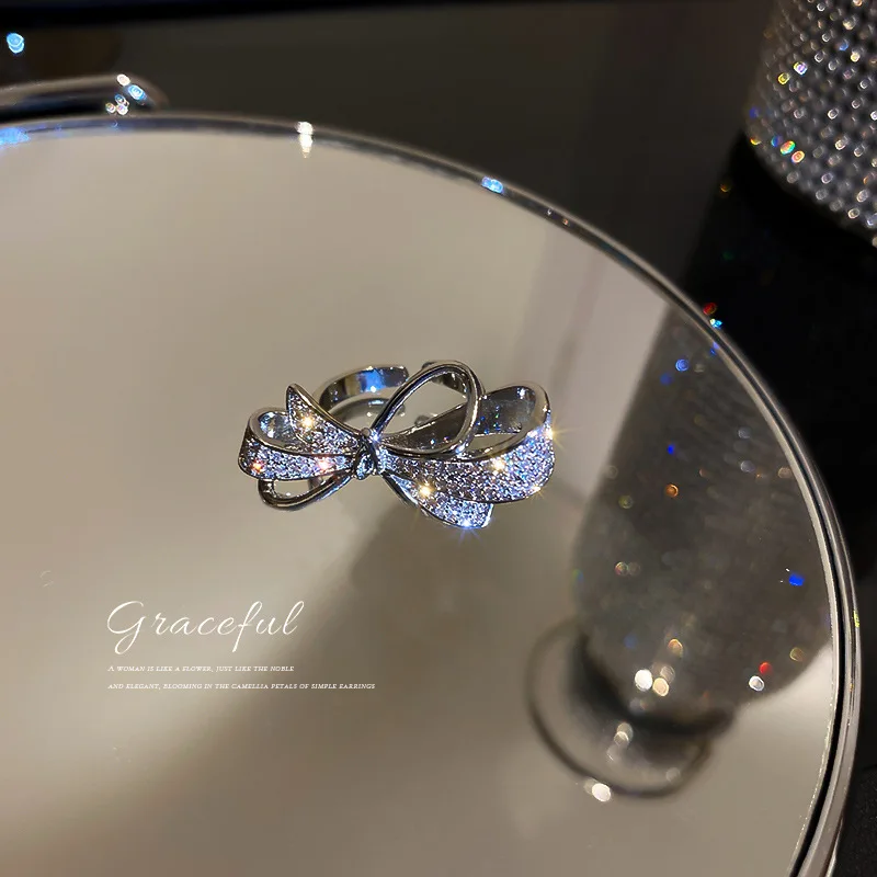 Japan and South Korea fashion set diamond bow opening ring 2021 new minimalist wind ring hand accessories