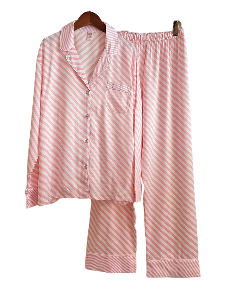 Fall Satin Two Piece Long Sleeve Sexy Pajamas For Women Set Oem Sleepwear Stripe Nightwear Women Pajamas Set