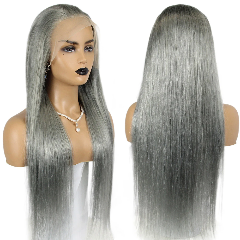wholesale Light color Salt and pepper grey wigs human hair, HD pre plucked Brazilian 13*4 lace frontal wig on sale