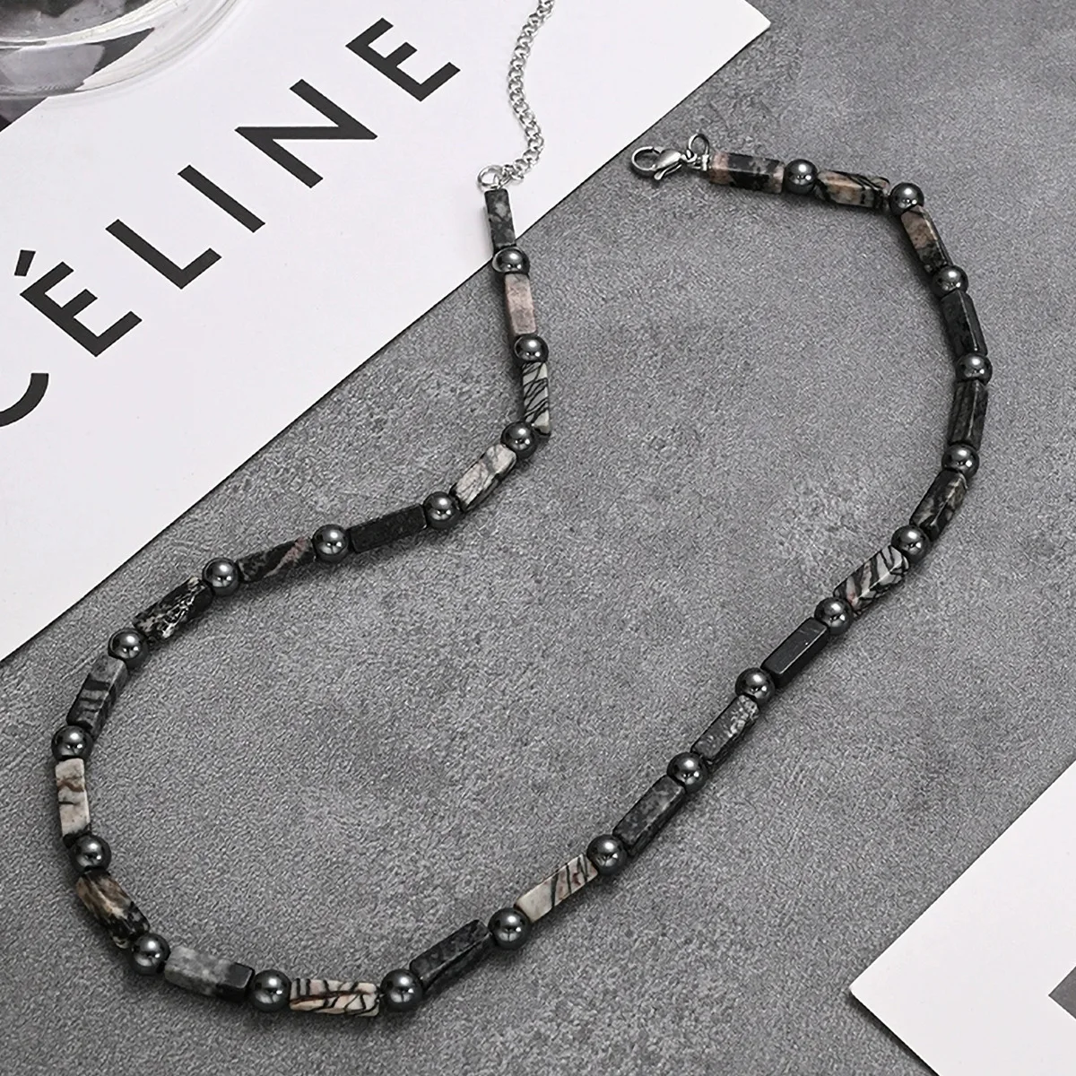 Woying Personalized Natural Stone Hematite Round Beaded Vintage Adjustable Choker Necklace For Men
