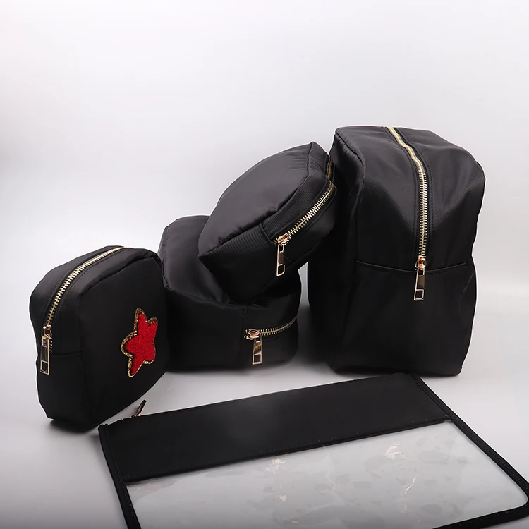 Trendy Solid Nylon Chenille DIY Patches Travel Cosmetic Bag With Varsity Letter Patches Alphabet Stoney Patch Bags Pouch Ladies