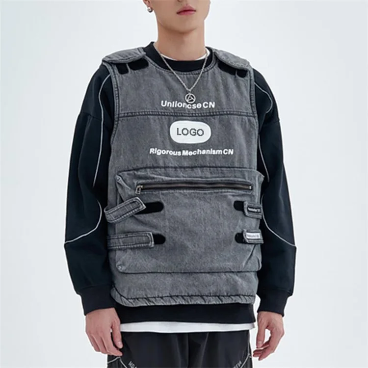 OEM custom printer casual loose pullover gilet cargo work washed denim vest for men