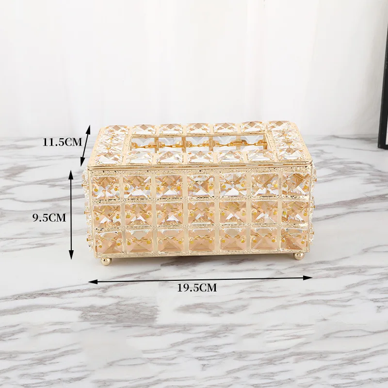 New Home Decorative Container Luxury Gold Facial Car Holders Cover Metal Glass Paper Rhinestones Crystal Tissue Box
