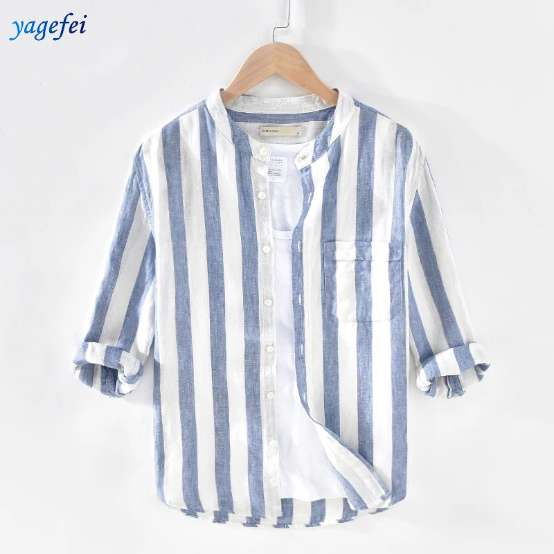 
 Разные виды летней льняной полосатой повседневной дизайнерской рубашки с рукавом до локтя для мужчин  