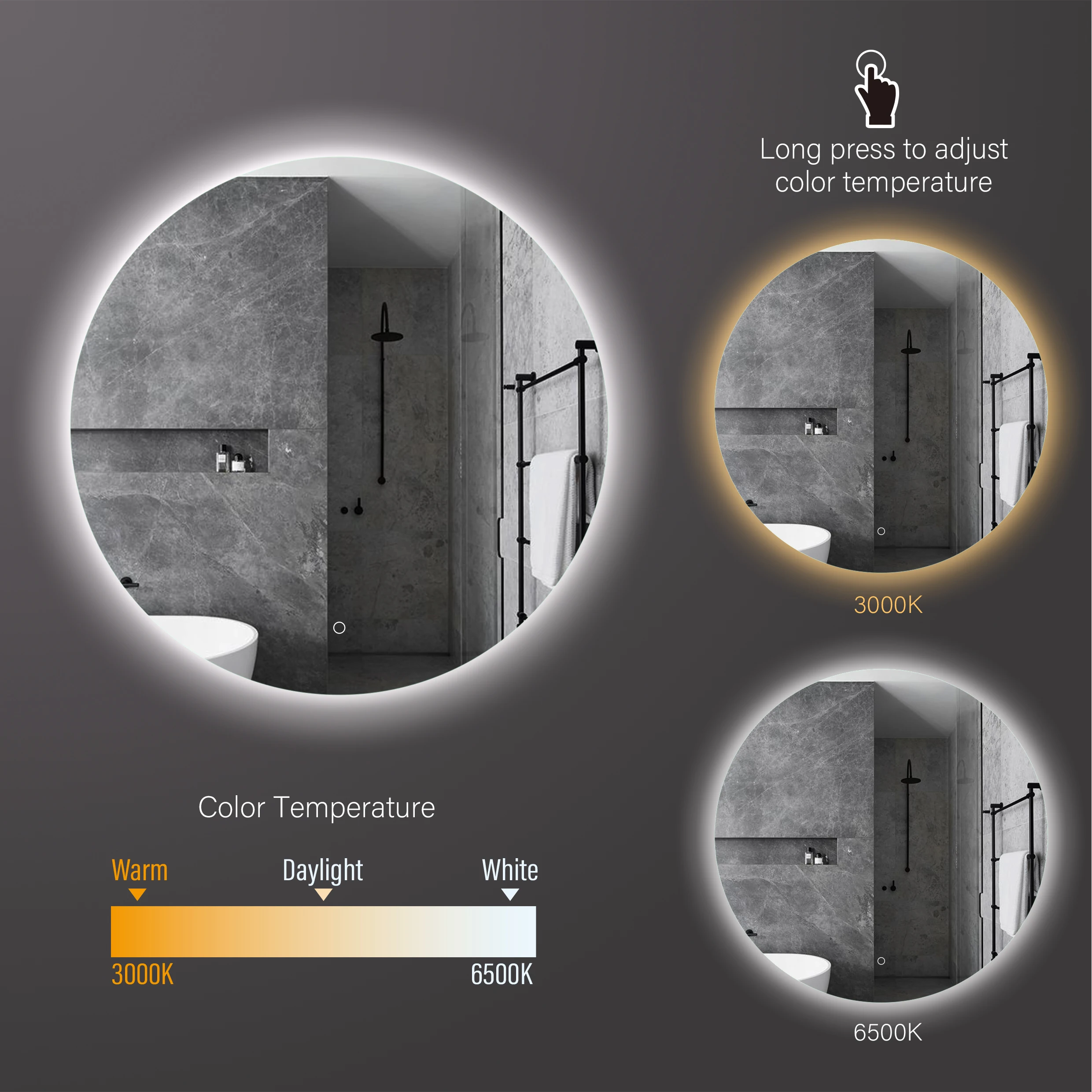 Modern round led mirror Anti-fog Function 5mm Double Screen Touch round design led mirror bathroom