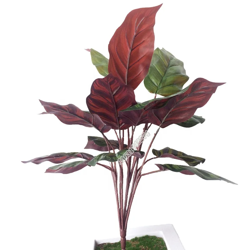 Factory wholesale cheap red Calathea fake plant artificial leaves for pot decoration
