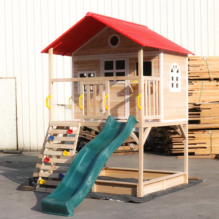 Backyard Outdoor Wood Playhouses Kids Cubby House with Slide and Climbing Wooden Custom Wooden House for Children Hemlock Spruce