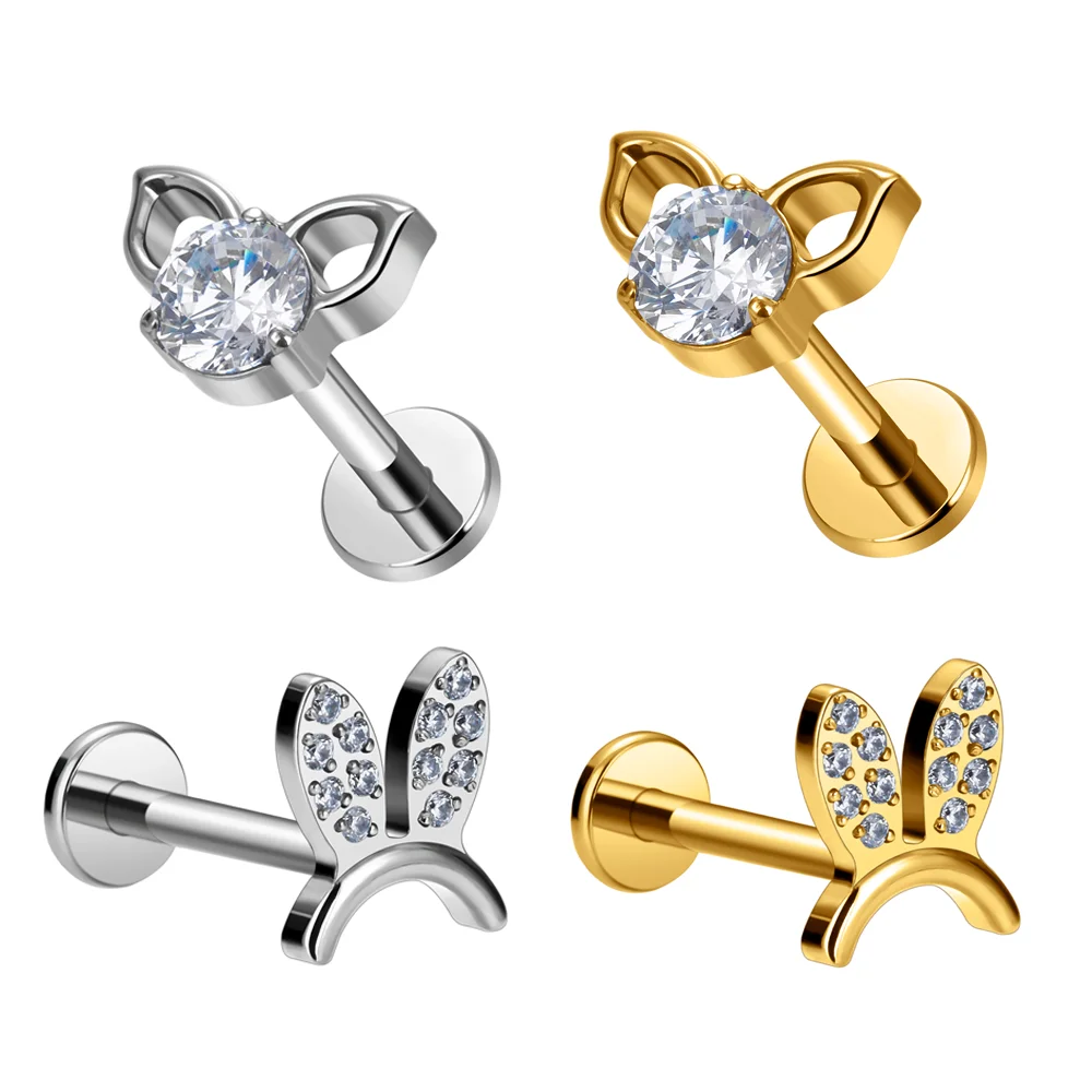G23 ASTM F136 Titanium rabbit ear cat ear shape nose Stud Earrings Zircon inlay Labret 16G ear stud Tragus Body Piercing Jewelry