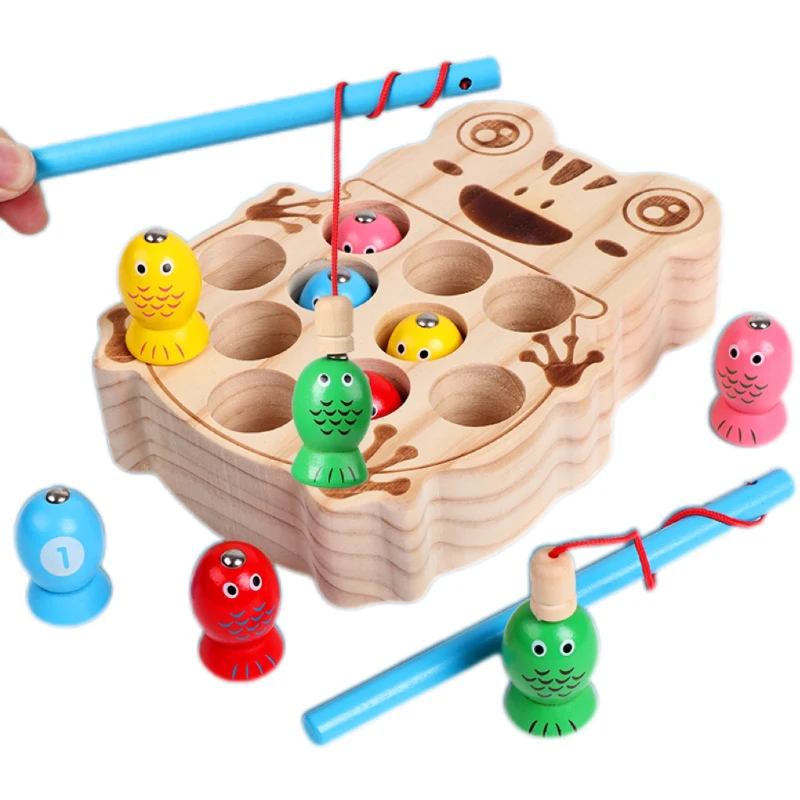 Wholesale Montessori Wooden Magnetic Frog Fishing Game Magnetic Alphabet Ordering Color Magnetic Fishing Game