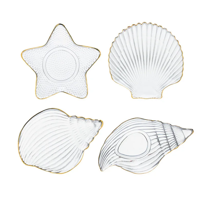 Handmade Ocean Series Dishes Luxury Snack Salad Bowl Fruit Dish Glass Shell Starfish Conch Shape Plate With Gold Rim