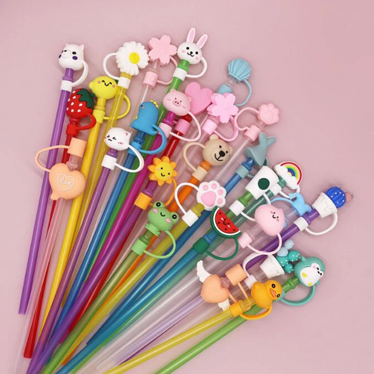 Wholesale animal Reusable Metal Straws Tips Toppers Covers cartoon Silicone Drinking Straw topper charms