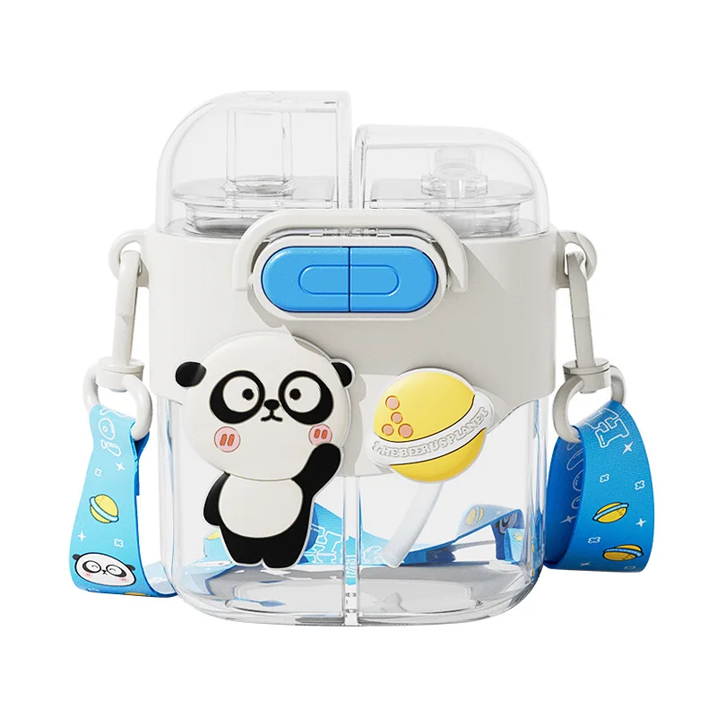 Kids Student Cartoon Bear Pig Panda Dinosaur Cute Plastic Straw Water Bottle