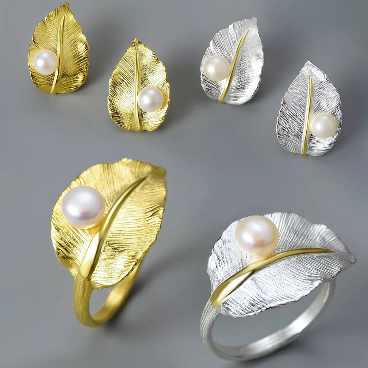 Lotus fun Real 925 Sterling Silver 18k gold plated Natural Pearl leaf ring earrings Fine Jewelry Sets for women girls