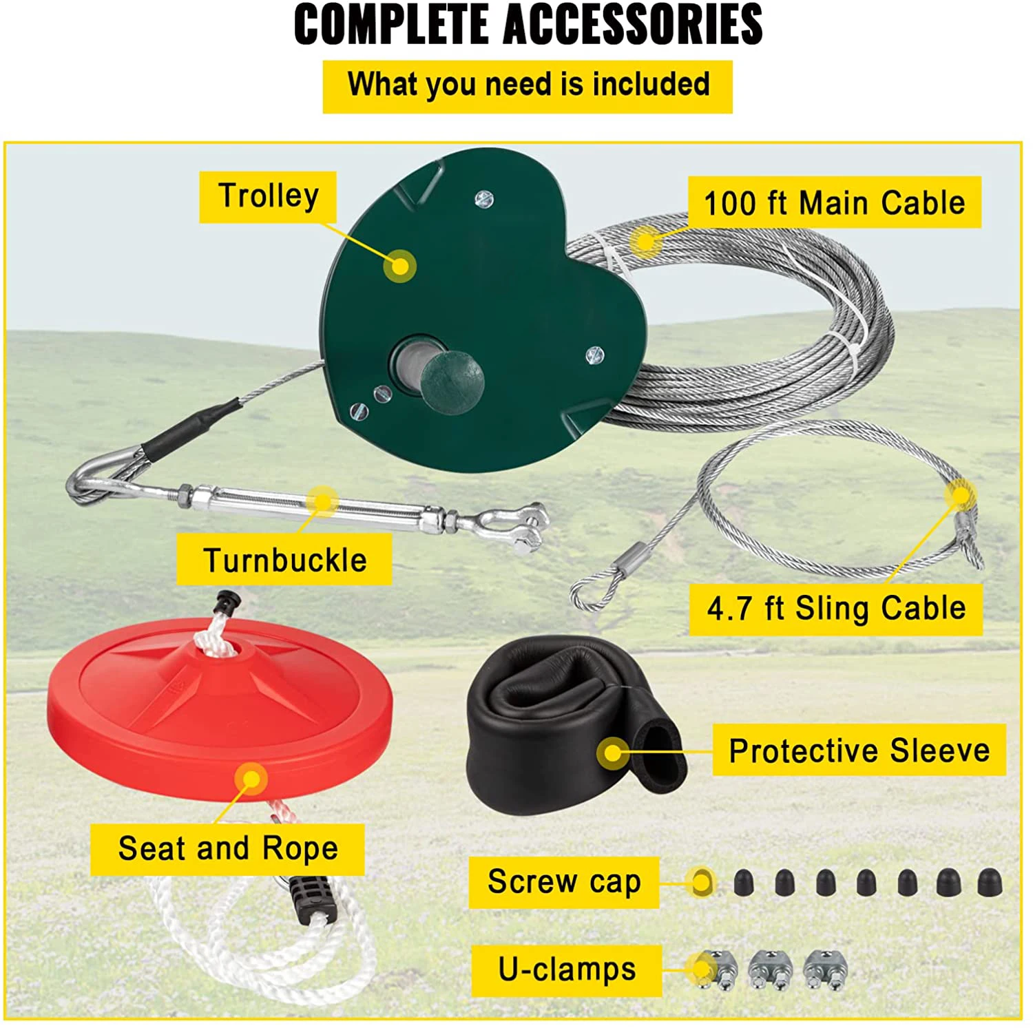 Детские игрушки 100 футов зелёный стальной задний двор Zip line Kit с регулируемым сиденьем пружинный