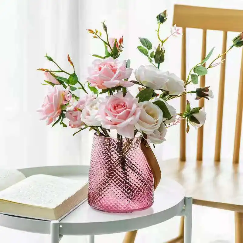  2021 Best Sell Lattice Nordic Glass Vase For Home Decor Crystal Flowers With The Leather Handle Tabletop