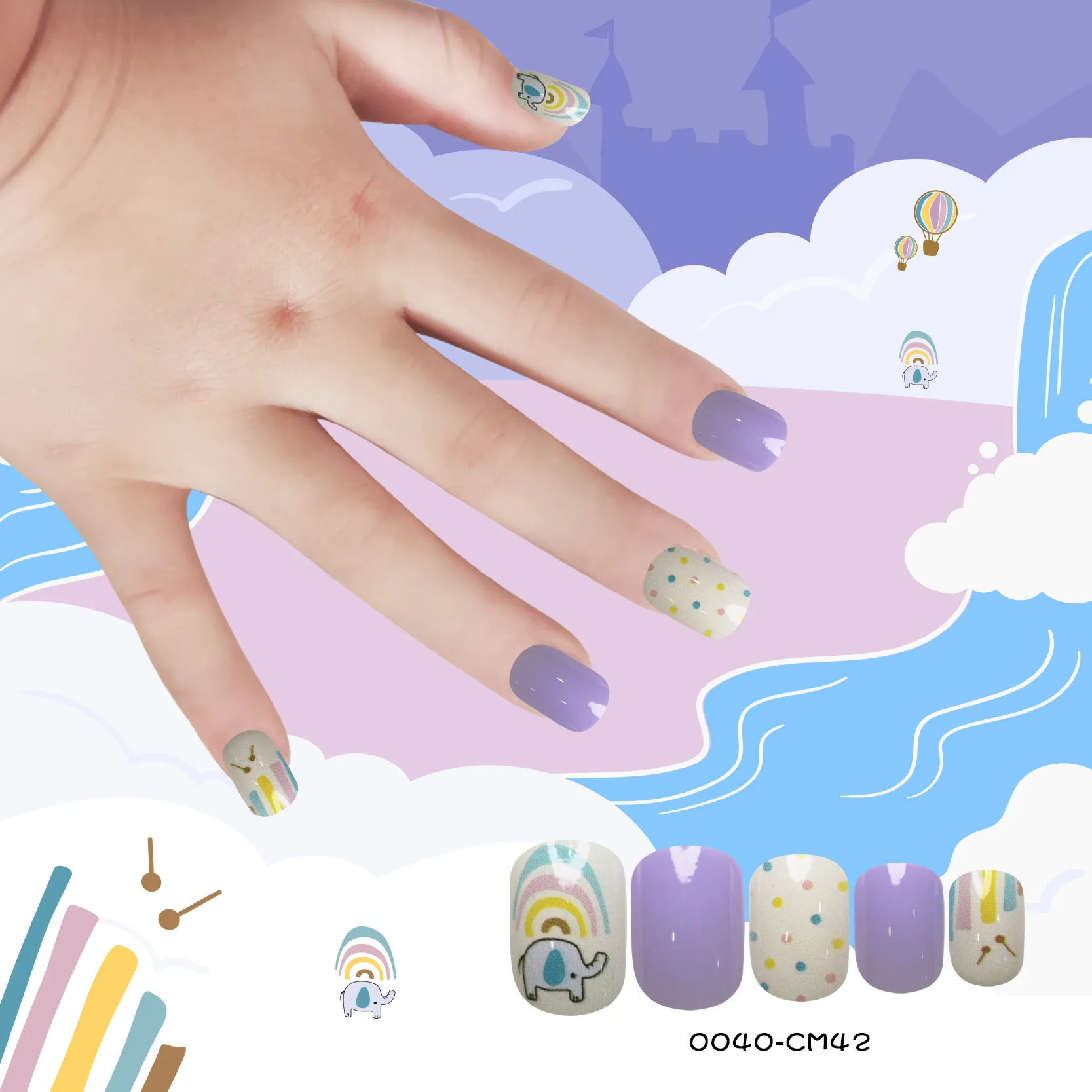 Purple And Anime Print Press On Nail Tips Short Squoval Fake Nail For Kids