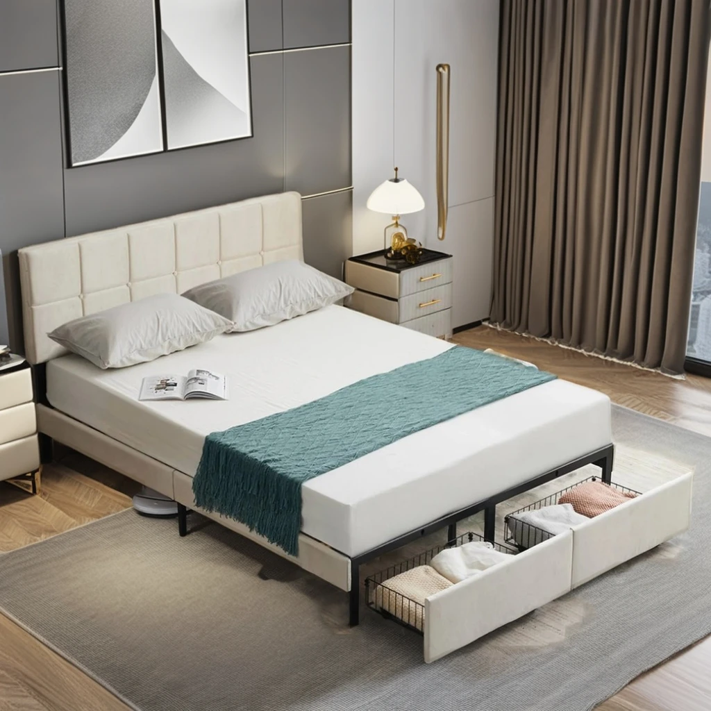 Full Twin Bed Frame with Storage Upholstered Double Bed Platform Bed for Apartment Hotel Bedroom