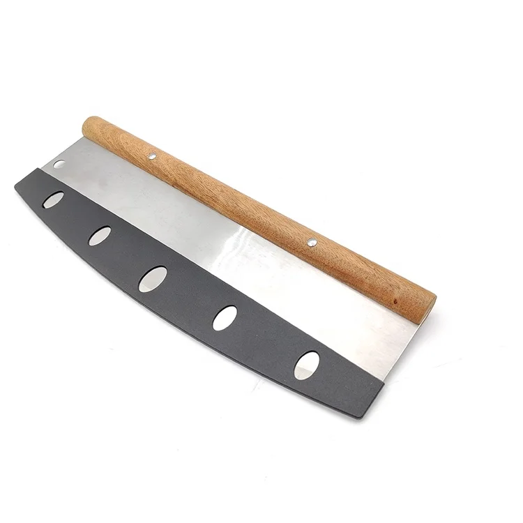 Pizza Cutter Rocker  Stainless Steel Slicer Knife with Wooden Handle & Blade Cover Premium Pizza Oven Accessories
